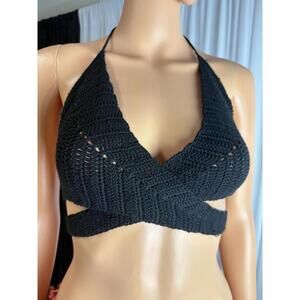 Tobi crocheted criss cross Halter Top boho festival Black Size Large
